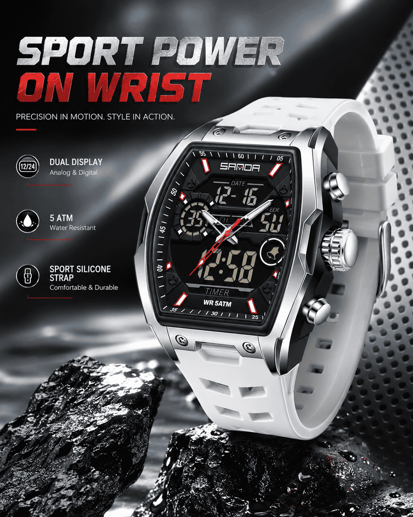 Men's Fashion Quartz Multifunctional Analog Digital Watch, Casual Spor
