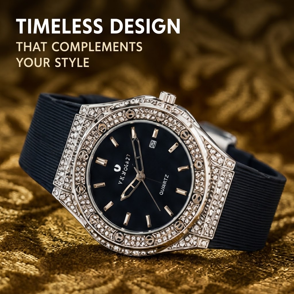 Men’s Diamond Crystal Watch – Hip Hop Style Wristwatch with Silicone Rubber Strap