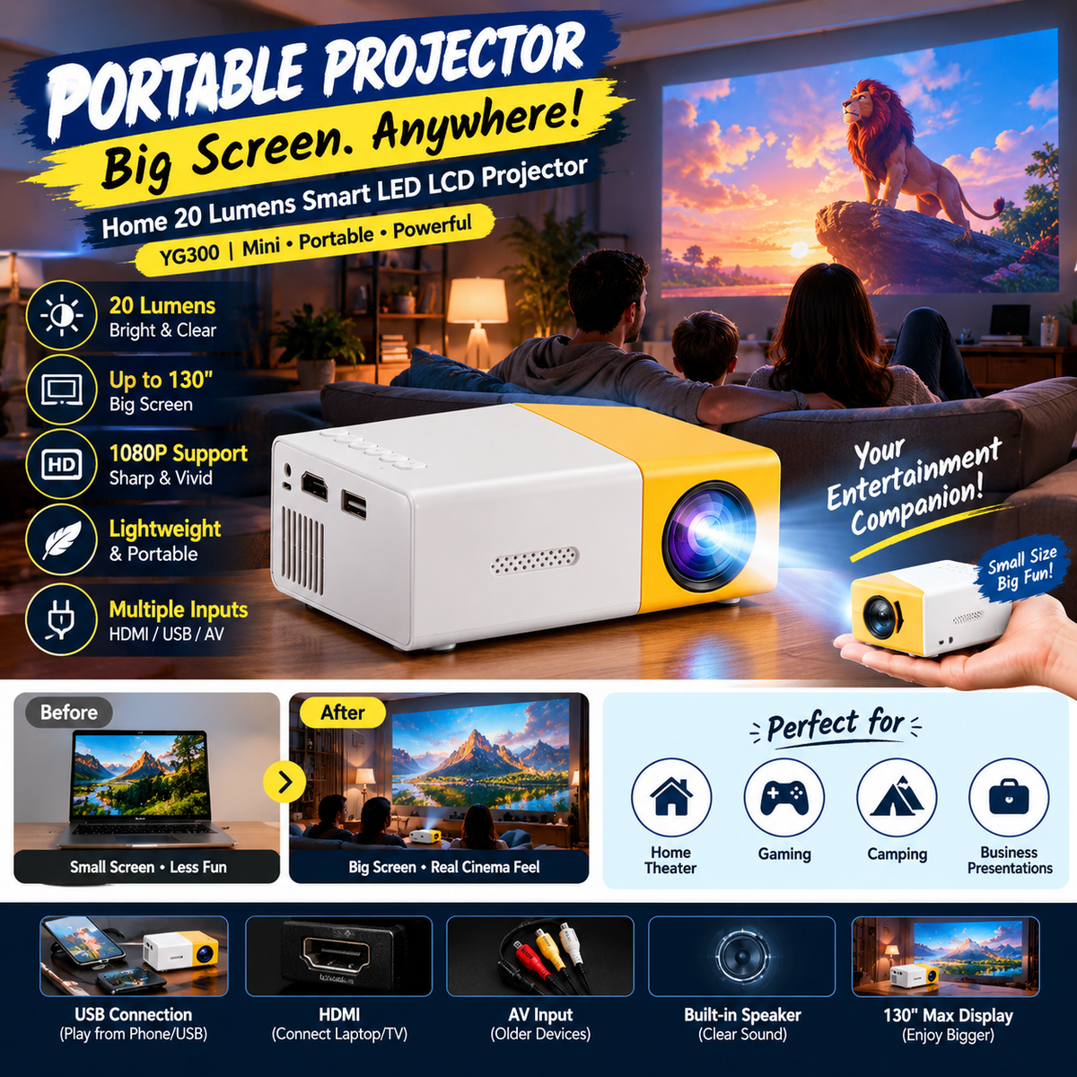Mini Portable Projector – Smart LED LCD Pocket Projector for Home & Kids