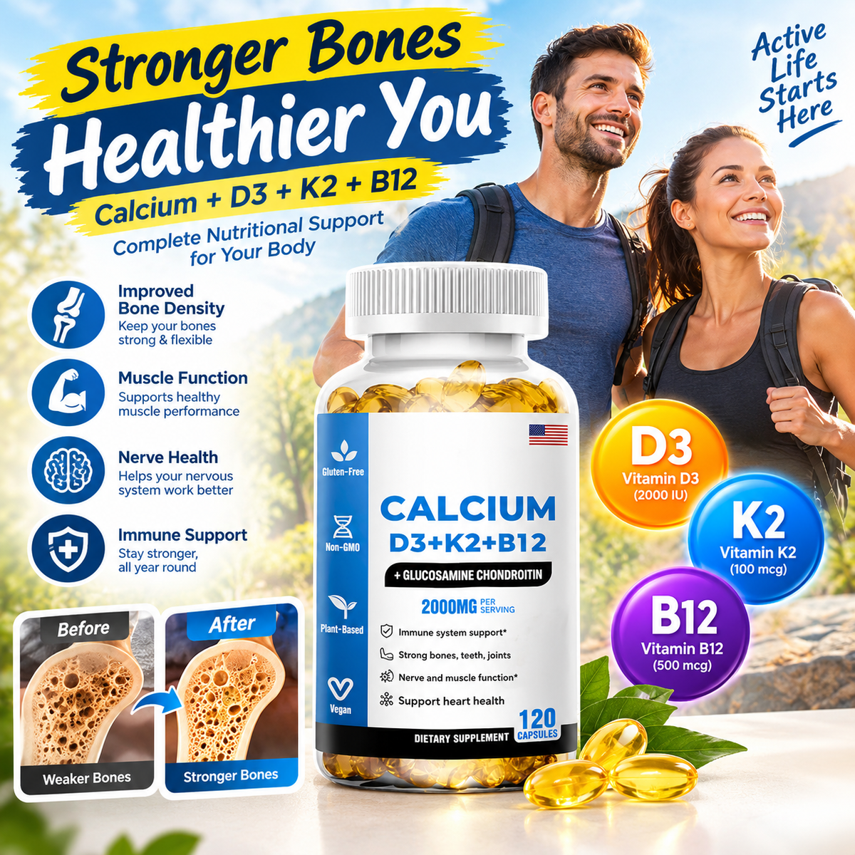 Calcium D3 + K2 + B12 Softgels – Bone & Muscle Health Support