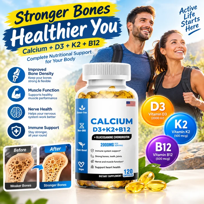 Calcium + Vitamins D3, K2 & B12 Softgels – Bone Health Support
