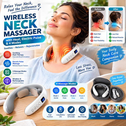 Wireless Neck Massager with Heat, Electric Pulse & 4 Modes