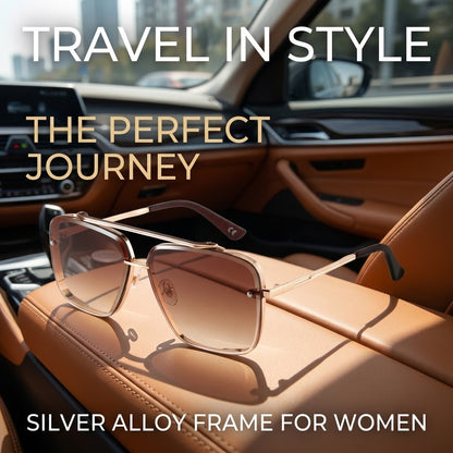 Women’s Fashion Square Sunglasses – Silver Alloy Frame Stylish Eyewear