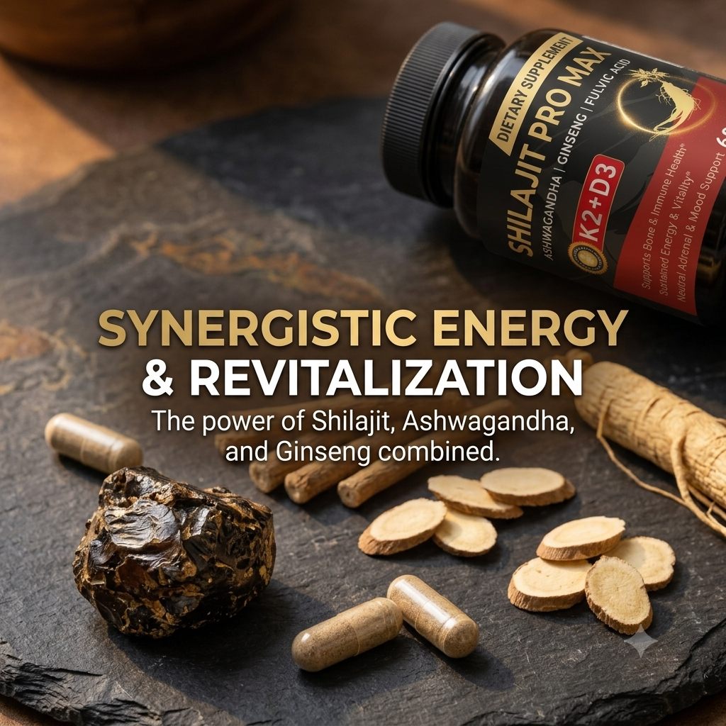 Shilajit Capsules with Ashwagandha, Ginseng, Vitamin K2 &a D3 – Daily Energy, Bone & Immune Support