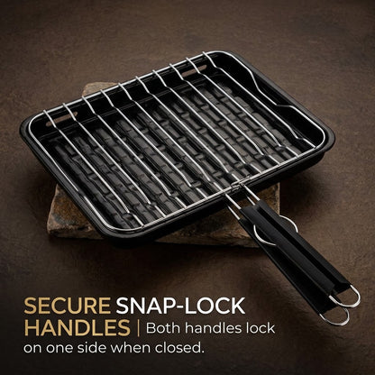 Rectangular Stovetop Grill Pan – Black Enamel Fish Grill Pan & with Removable Chrome Mesh Lid