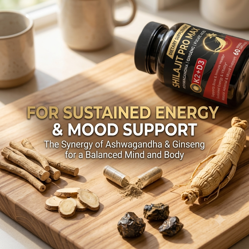 Shilajit Capsules with Ashwagandha, Ginseng, Vitamin K2 &a D3 – Daily Energy, Bone & Immune Support