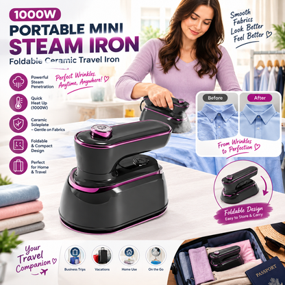 1000W Portable Mini Steam Iron – Foldable Ceramic Travel Iron