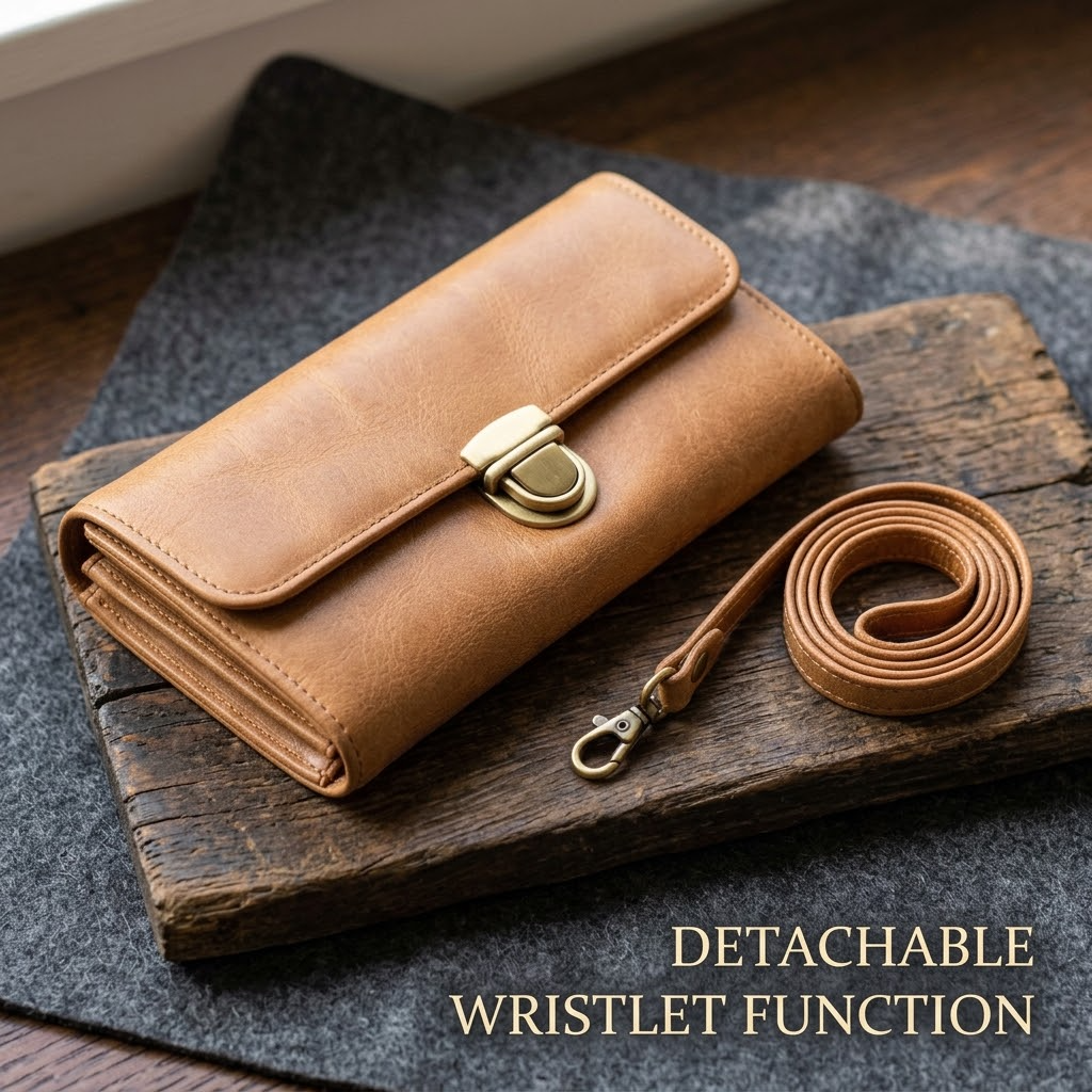 Light Brown Long Leather Wallet – Flap Closure with Zipper, Metal Clasp & Detachable Wrist Strap