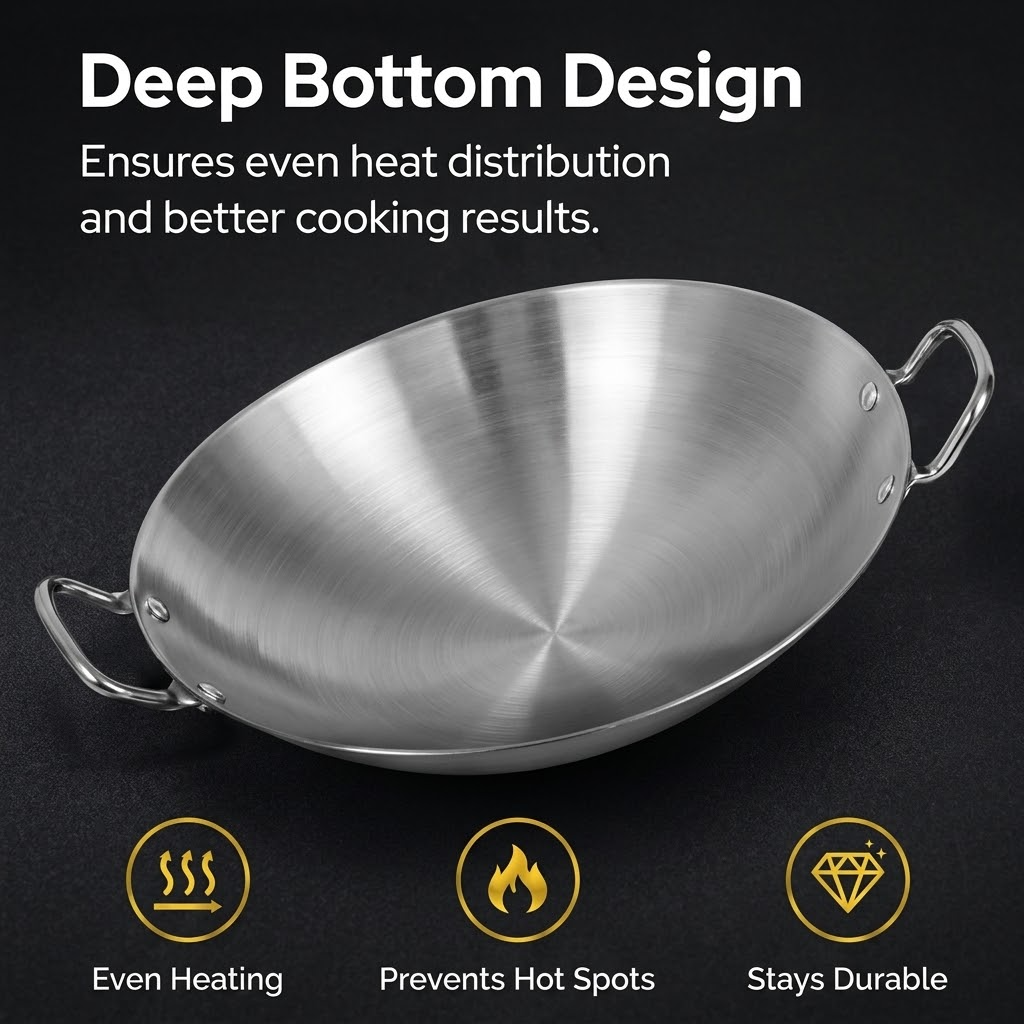 Stainless Steel Wok – Deep Round-Bottom Traditional Cooking Pot with Double Handles