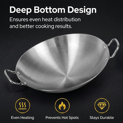 Stainless Steel Wok – Deep Round-Bottom Traditional Cooking Pot with Double Handles
