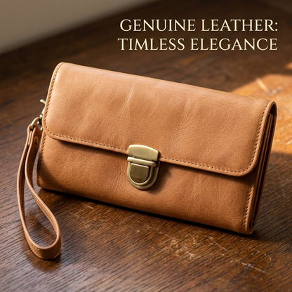 Light Brown Long Leather Wallet – Flap Closure with Zipper, Metal Clasp & Detachable Wrist Strap