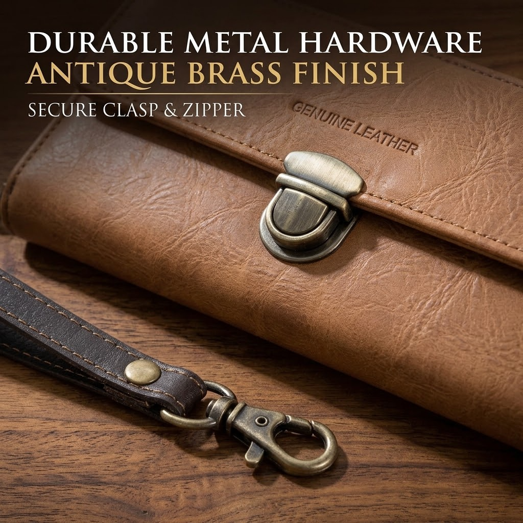 Light Brown Long Leather Wallet – Flap Closure with Zipper, Metal Clasp & Detachable Wrist Strap