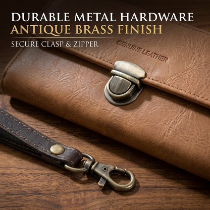 Light Brown Long Leather Wallet – Flap Closure with Zipper, Metal Clasp & Detachable Wrist Strap