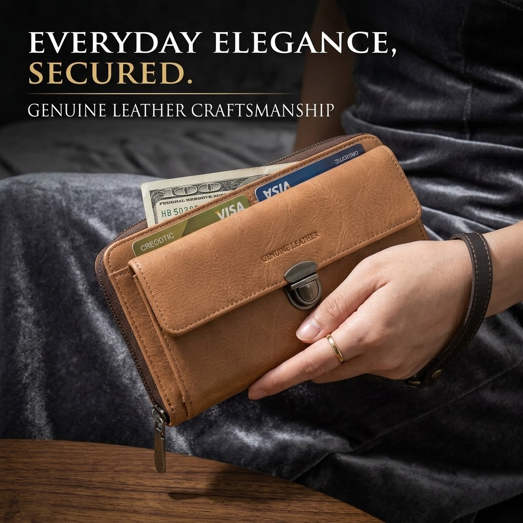 Light Brown Long Leather Wallet – Flap Closure with Zipper, Metal Clasp & Detachable Wrist Strap