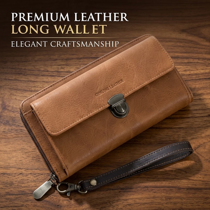 Light Brown Long Leather Wallet – Flap Closure with Zipper, Metal Clasp & Detachable Wrist Strap