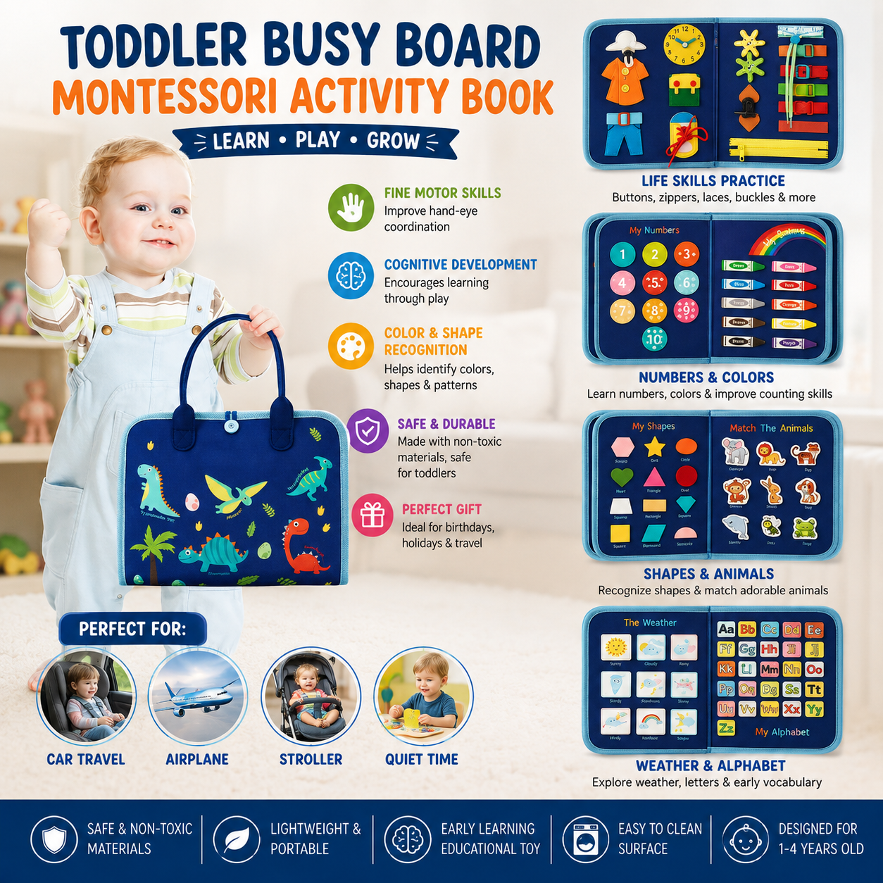 Montessori Busy Board – Sensory Activity Book with Educational Learning Games for Kids