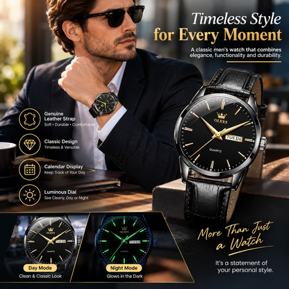Men’s Genuine Leather Strap Watch with Calendar & Luminous Dial