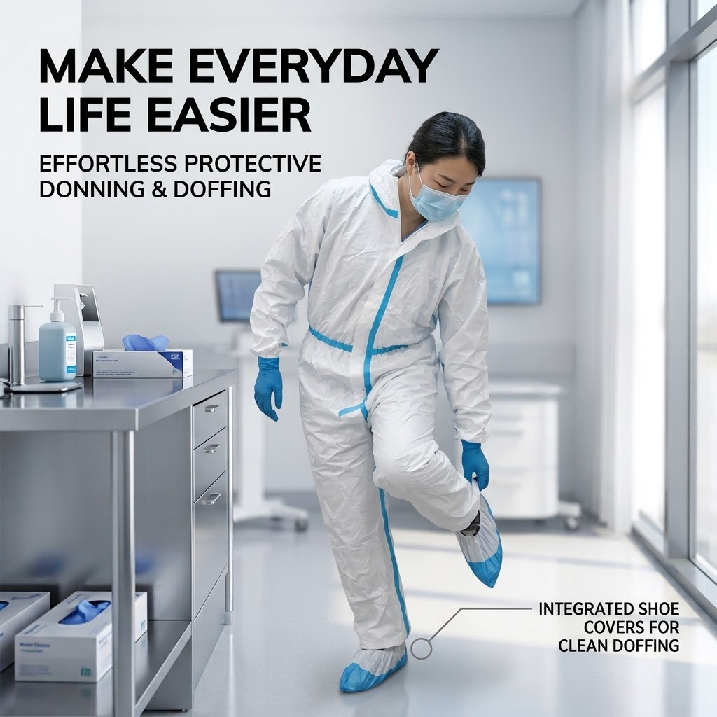 Hooded Nonwoven Protective Coverall – One-Piece Suit with Blue Stripes