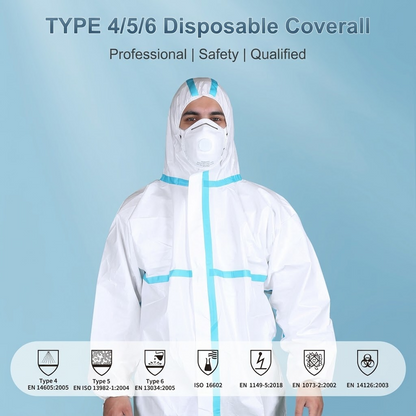 Hooded Nonwoven Protective Coverall – One-Piece Suit with Blue Stripes