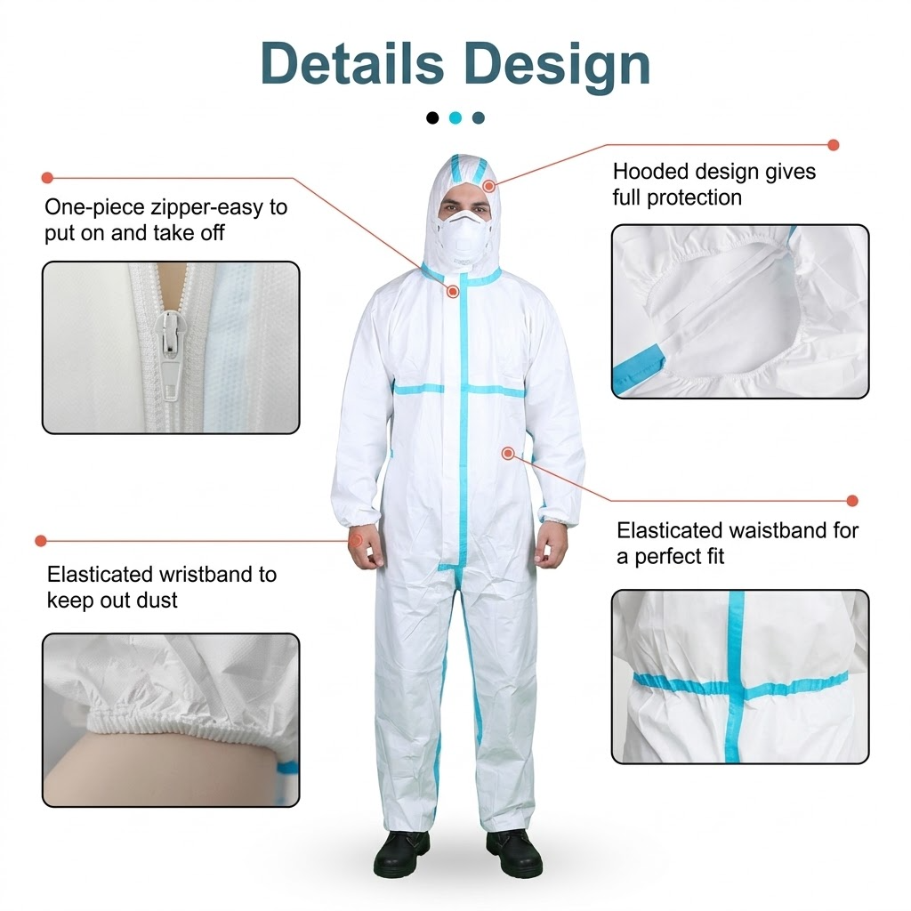 Hooded Nonwoven Protective Coverall – One-Piece Suit with Blue Stripes