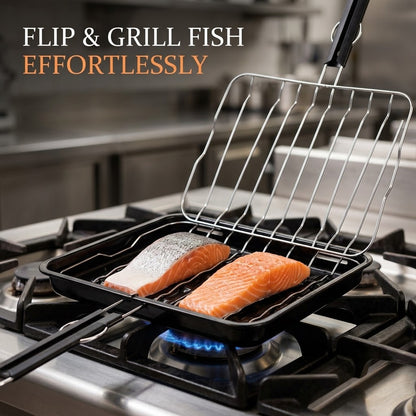 Rectangular Stovetop Grill Pan – Black Enamel Fish Grill Pan & with Removable Chrome Mesh Lid