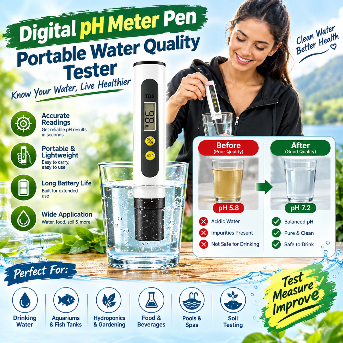 Digital pH Meter Pen Portable Water Quality Tester