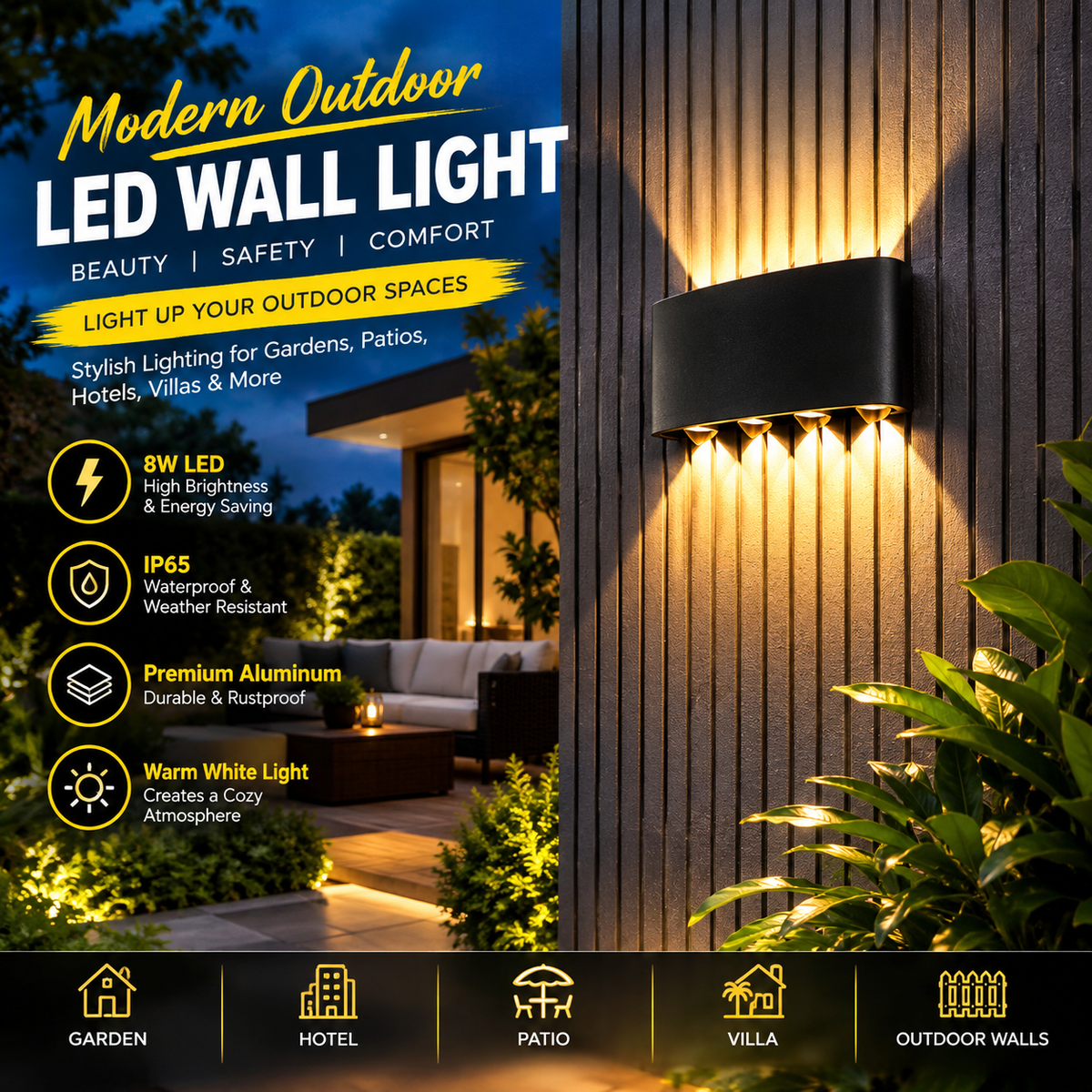 Modern Outdoor LED Wall Light – 8W Waterproof IP65 Aluminum Exterior Lighting