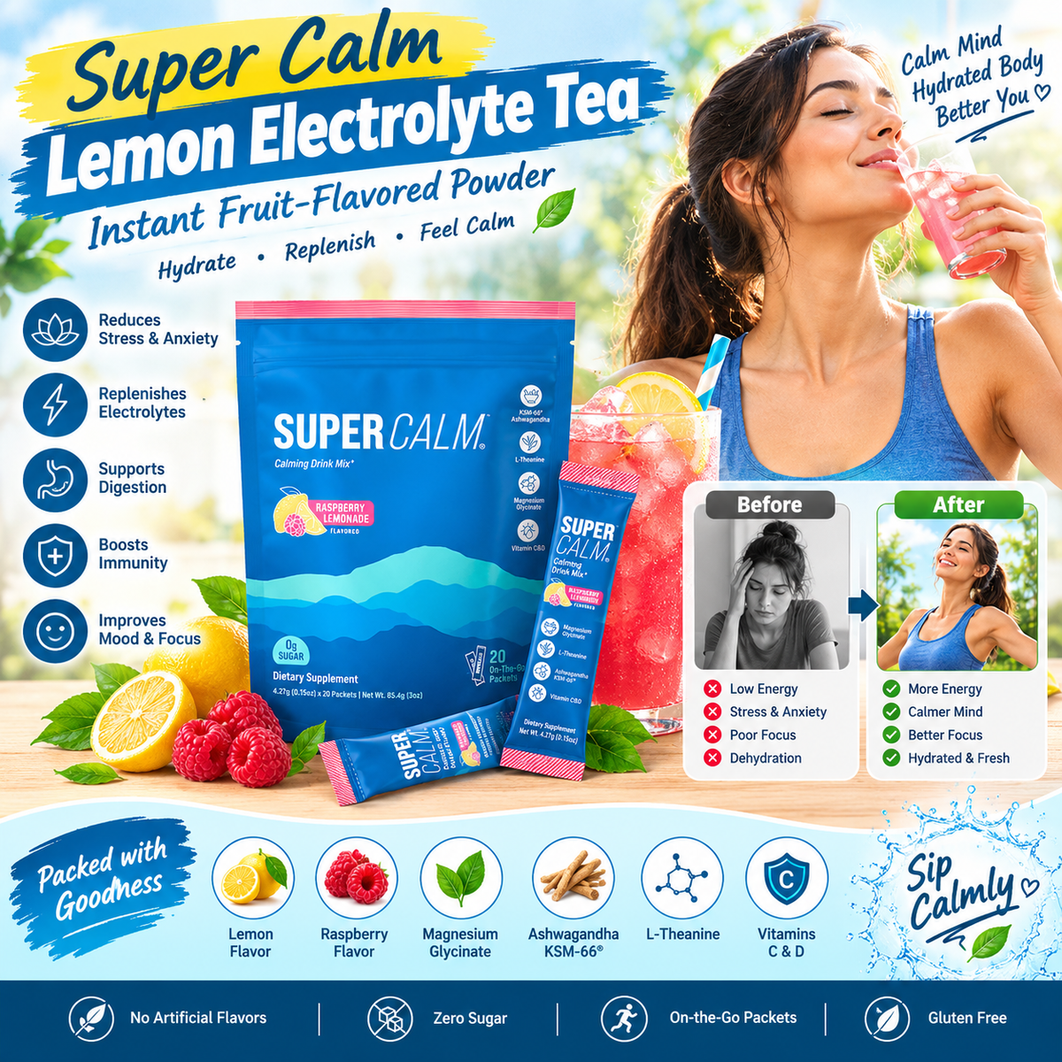 Super Calm Lemon Electrolyte Tea – Instant Fruit-Flavored Powder