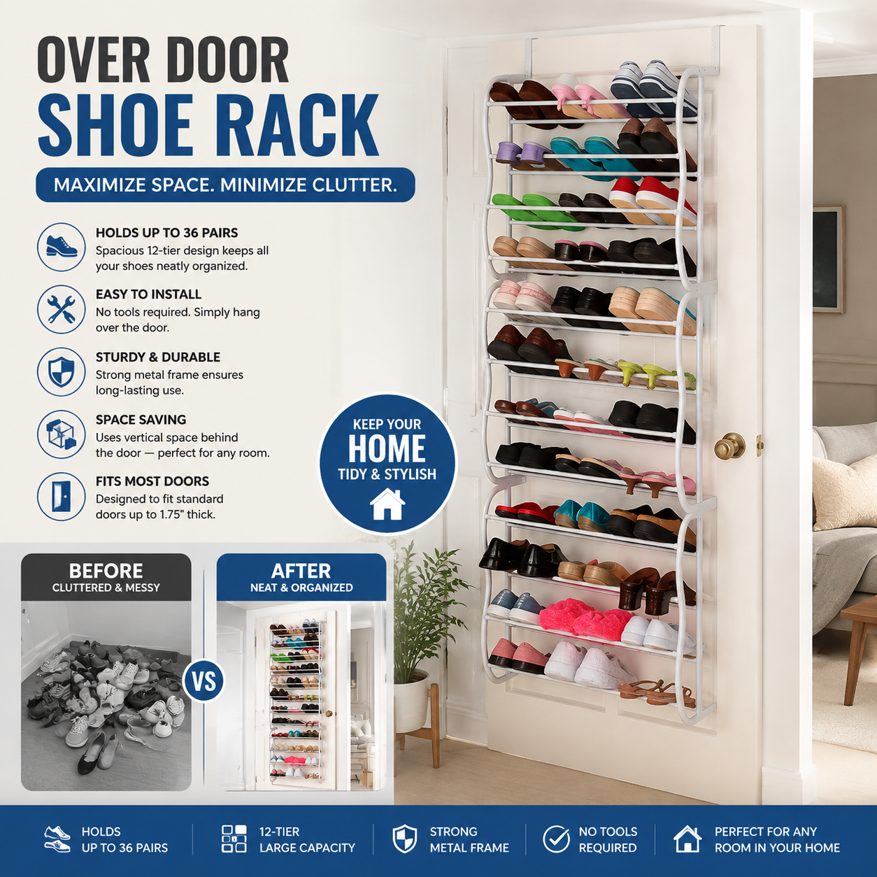 Over Door Shoe Rack Hanging Shoe Organizer for Front Door, Bedroom & Home