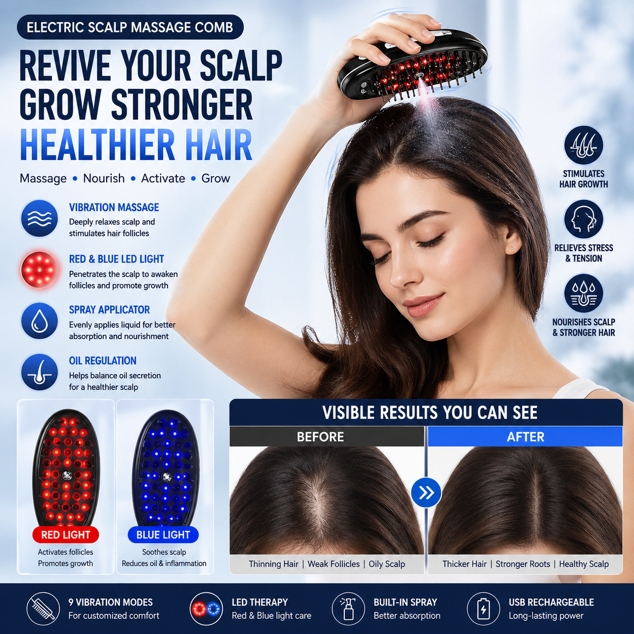 Electric Scalp Massage Comb – Vibration LED Light & Spray