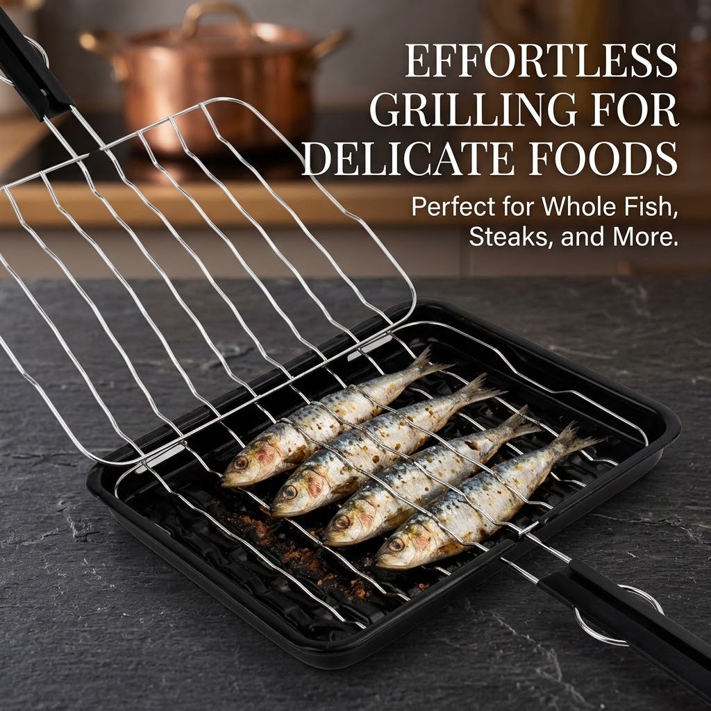 Rectangular Stovetop Grill Pan – Black Enamel Fish Grill Pan & with Removable Chrome Mesh Lid