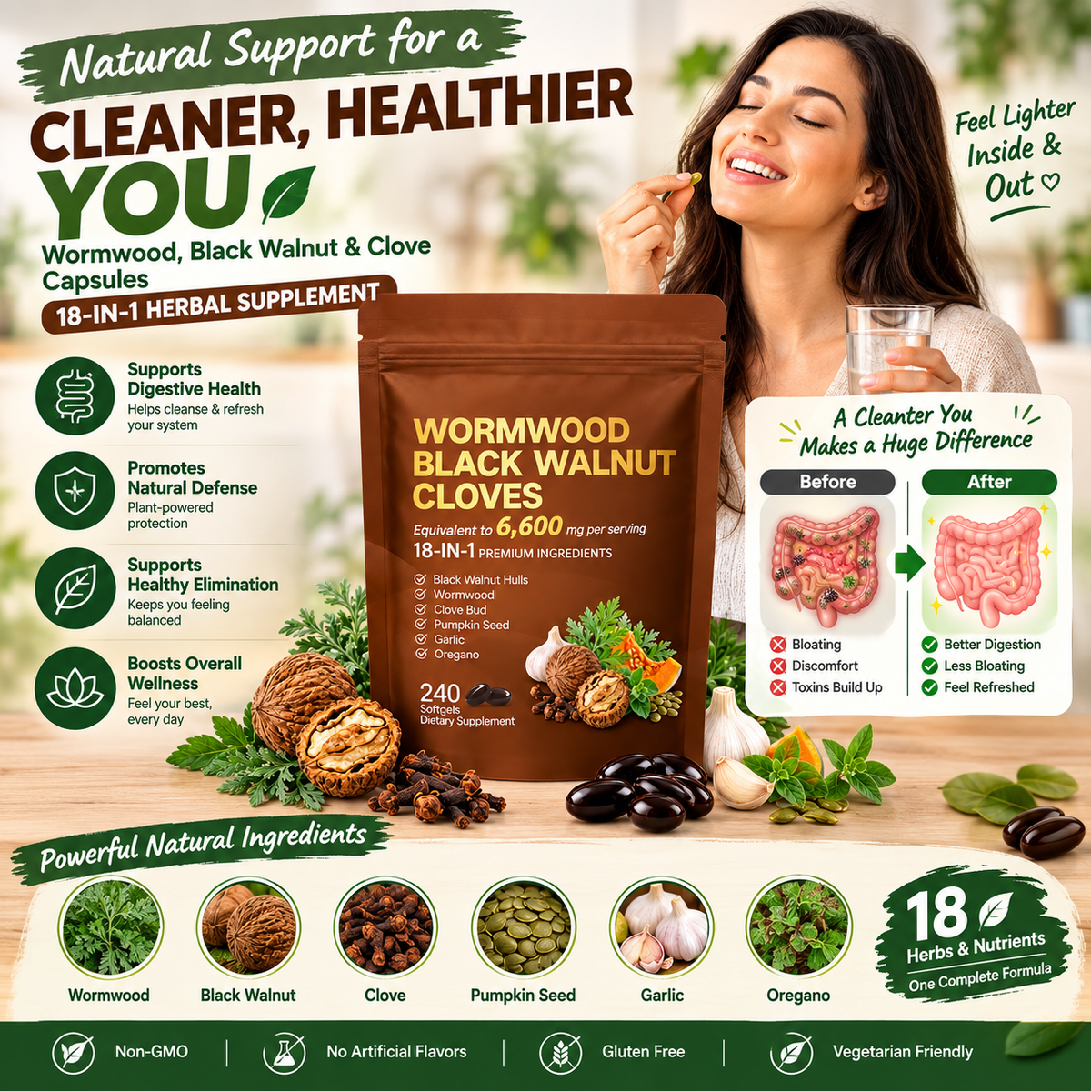 Wormwood, Black Walnut & Clove Capsules – 18-in-1 Herbal Supplement