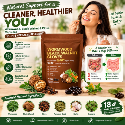 Wormwood, Black Walnut & Clove Capsules – 18-in-1 Herbal Supplement