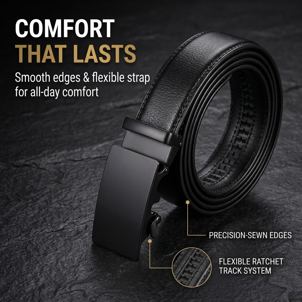 Men's Automatic Buckle Belt – Black PU Leather Ratchet Belt