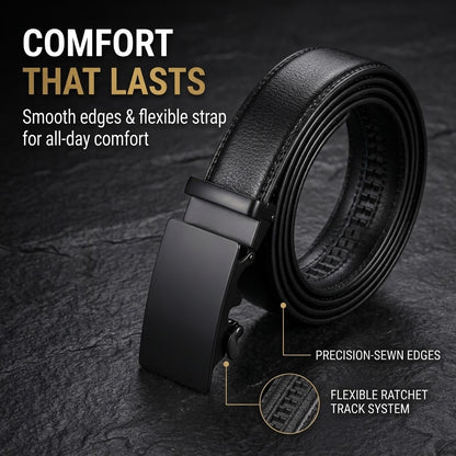 Men's Automatic Buckle Belt – Black PU Leather Ratchet Belt