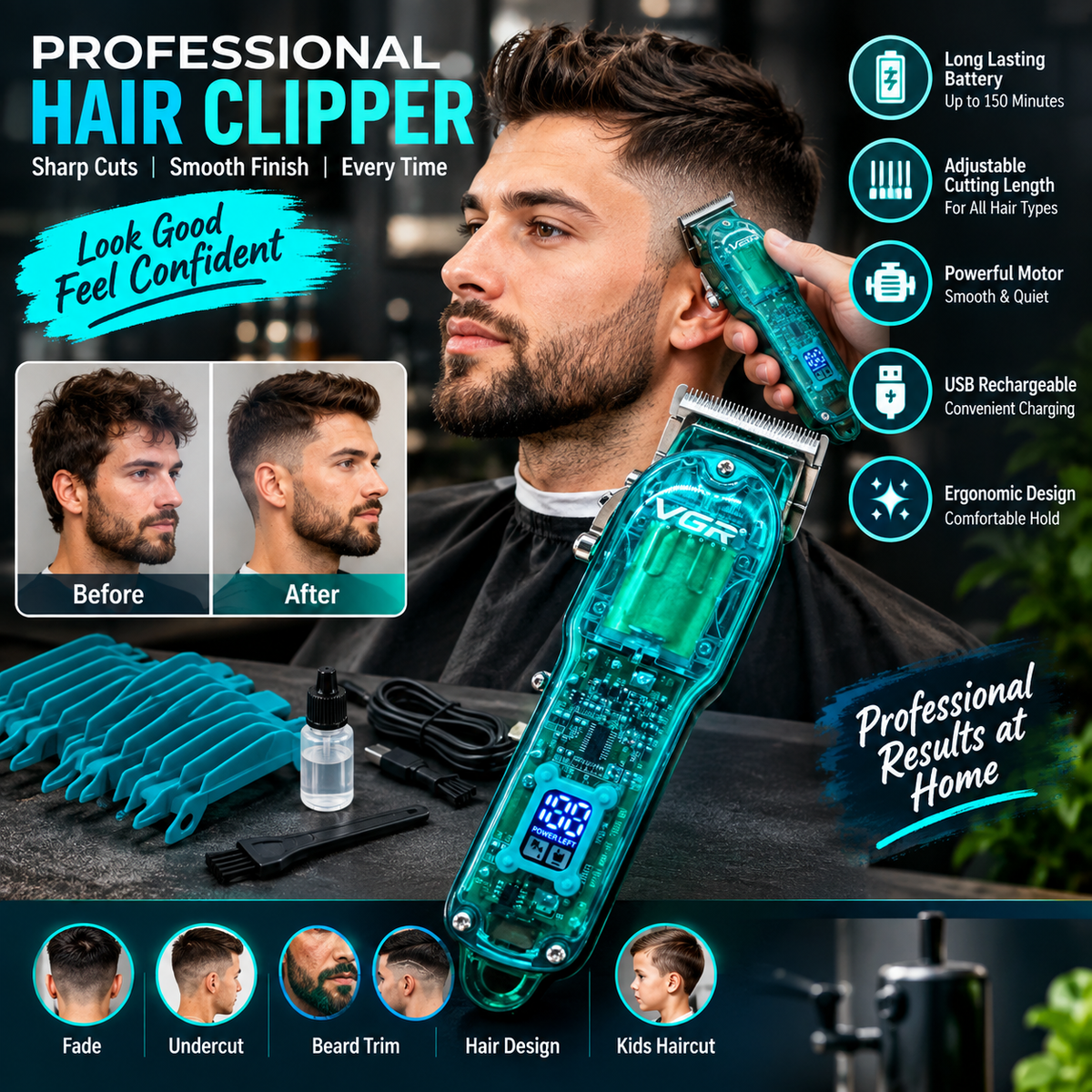 VGR V-660 Professional Hair Clipper Rechargeable Trimmer for Men