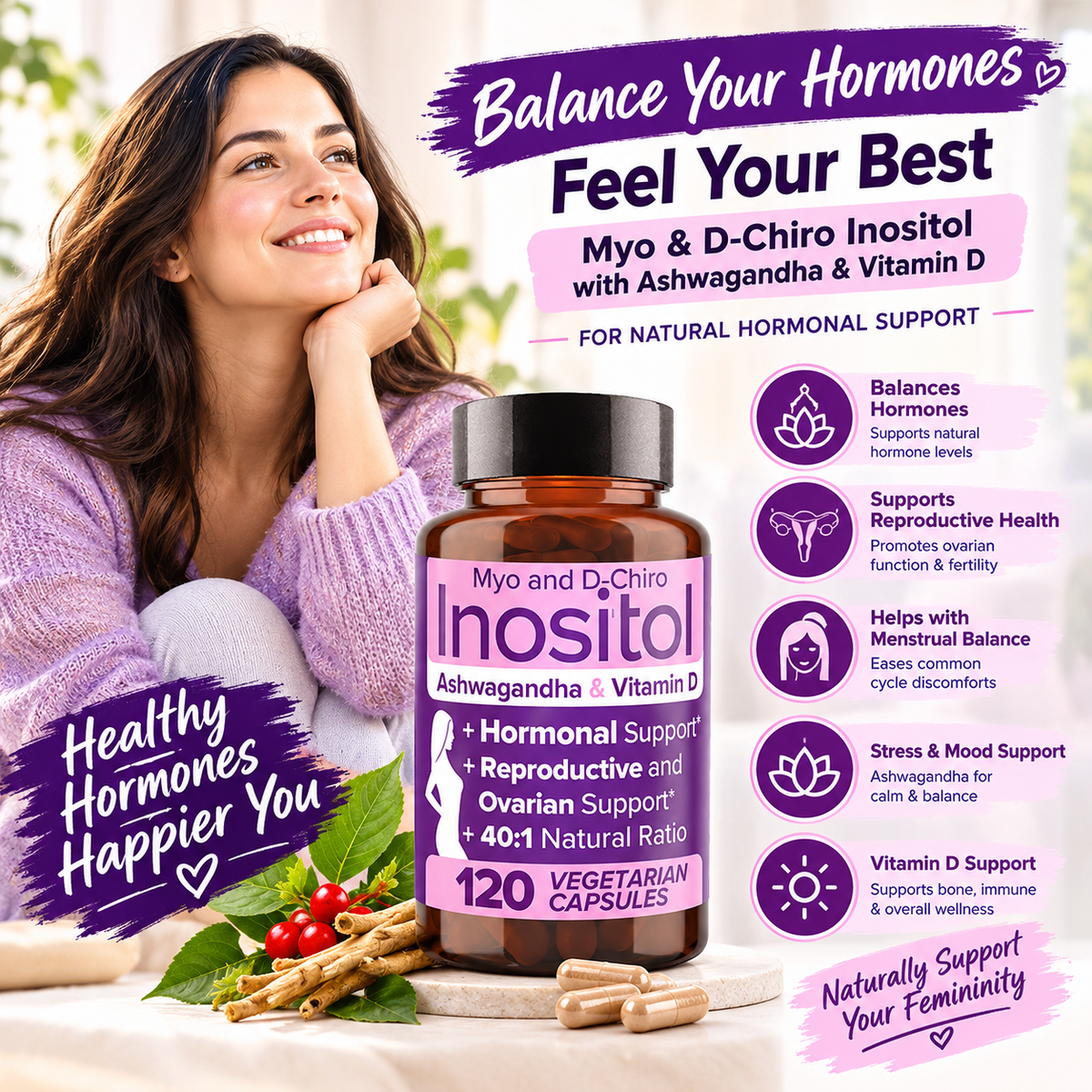 Myo & D-Chiro Inositol with Ashwagandha and Vitamin D – Women's Wellness Capsules