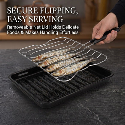 Rectangular Stovetop Grill Pan – Black Enamel Fish Grill Pan & with Removable Chrome Mesh Lid