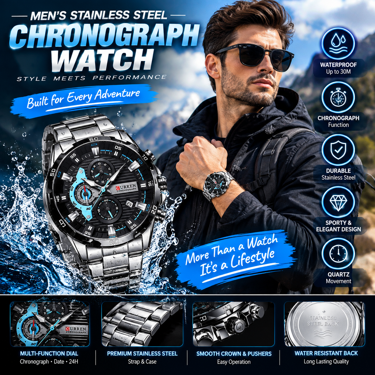 Men’s Stainless Steel Waterproof Chronograph Watch