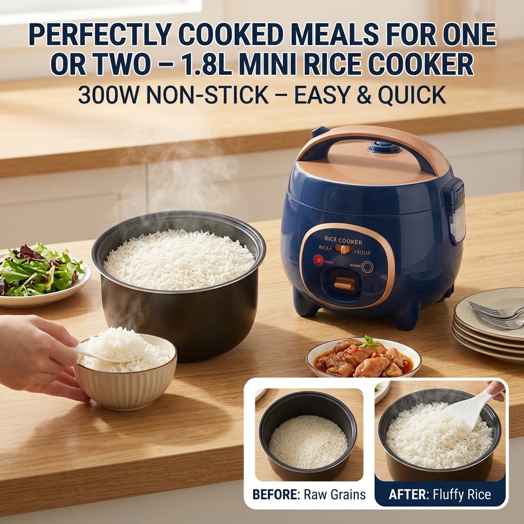 1.8L Mini Rice Cooker – 300W Non-Stick Electric Cooker