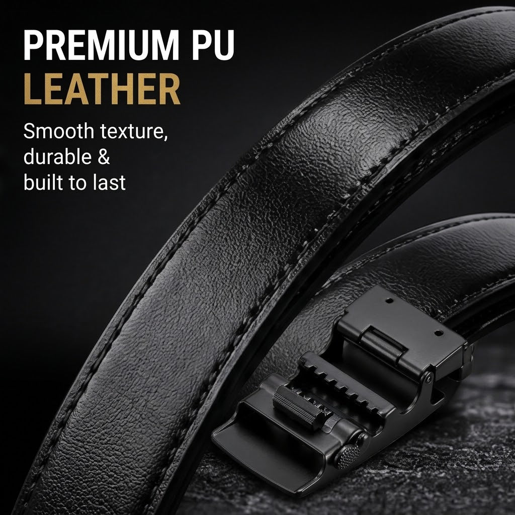 Men's Automatic Buckle Belt – Black PU Leather Ratchet Belt