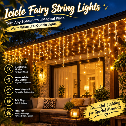Warm White LED Curtain String Lights – 8 Modes for Home & Outdoor Decor