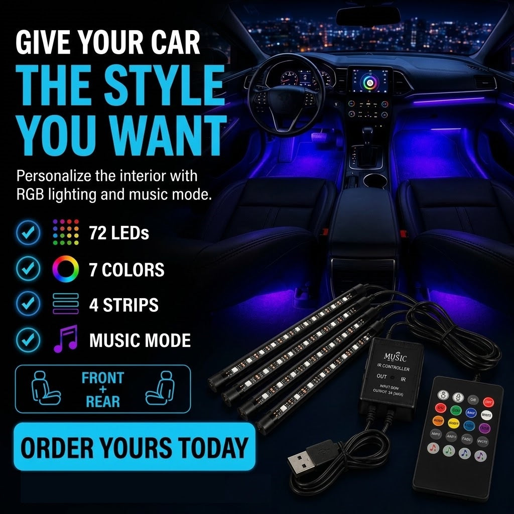 RGB Car Interior LED Strip Lights – USB Ambient Lighting with Remote
