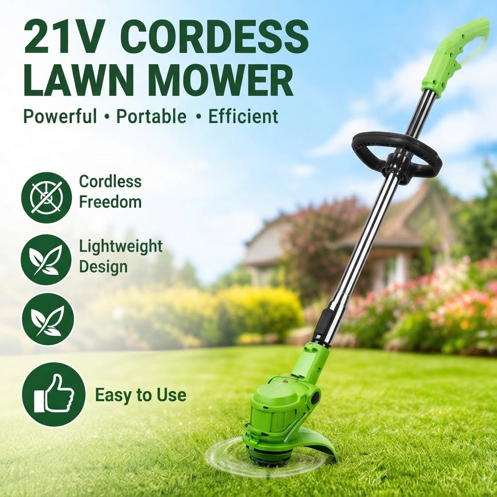 21V Cordless Lawn Mower – Portable Lithium Battery Garden Trimmer