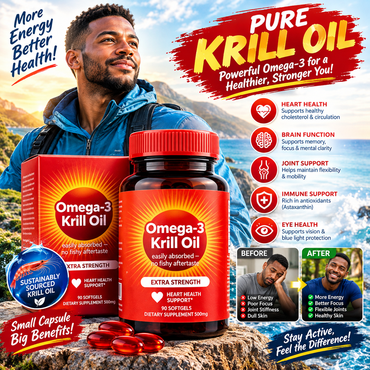 Pure Krill Oil – Astaxanthin, EPA & DHA Omega-3 Phospholipid Formula