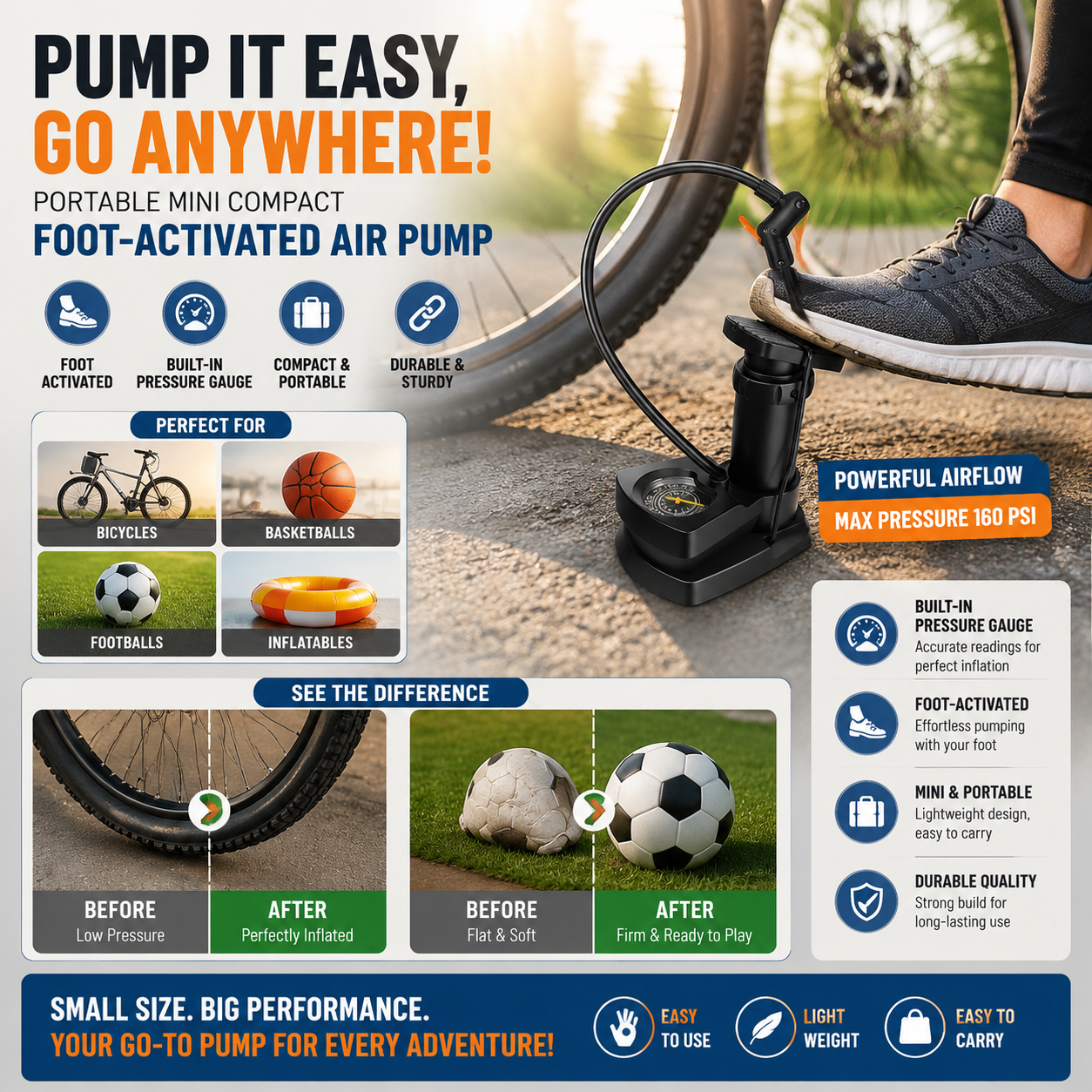 Portable Mini Compact Foot-Activated Air Pump for Bicycles, Balls
