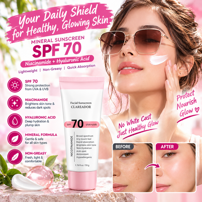 SPF 70 Mineral Niacinamide Sunscreen – Hyaluronic Acid Hydrating, Lightweight & Non-Greasy Sun Care