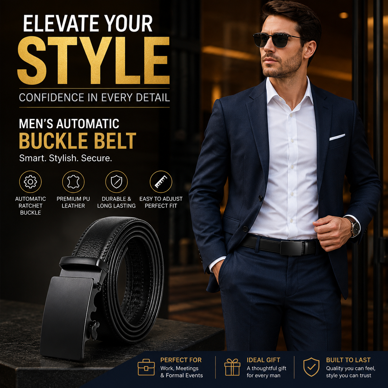 Men's Automatic Buckle Belt – Black PU Leather Ratchet Belt