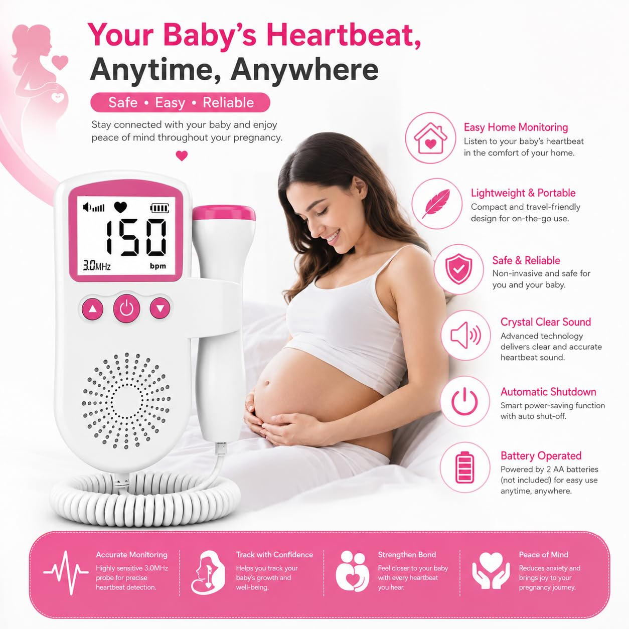 Pocket Ultrasound Baby Heart Monitor for Fetal Heart Rate Detection