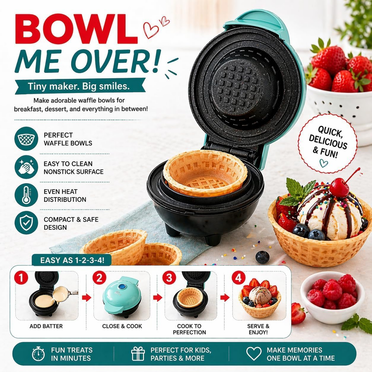 Waffle Bowl Maker – Non-Stick Breakfast Maker for Egg Tarts, Cones & Waffle Cups